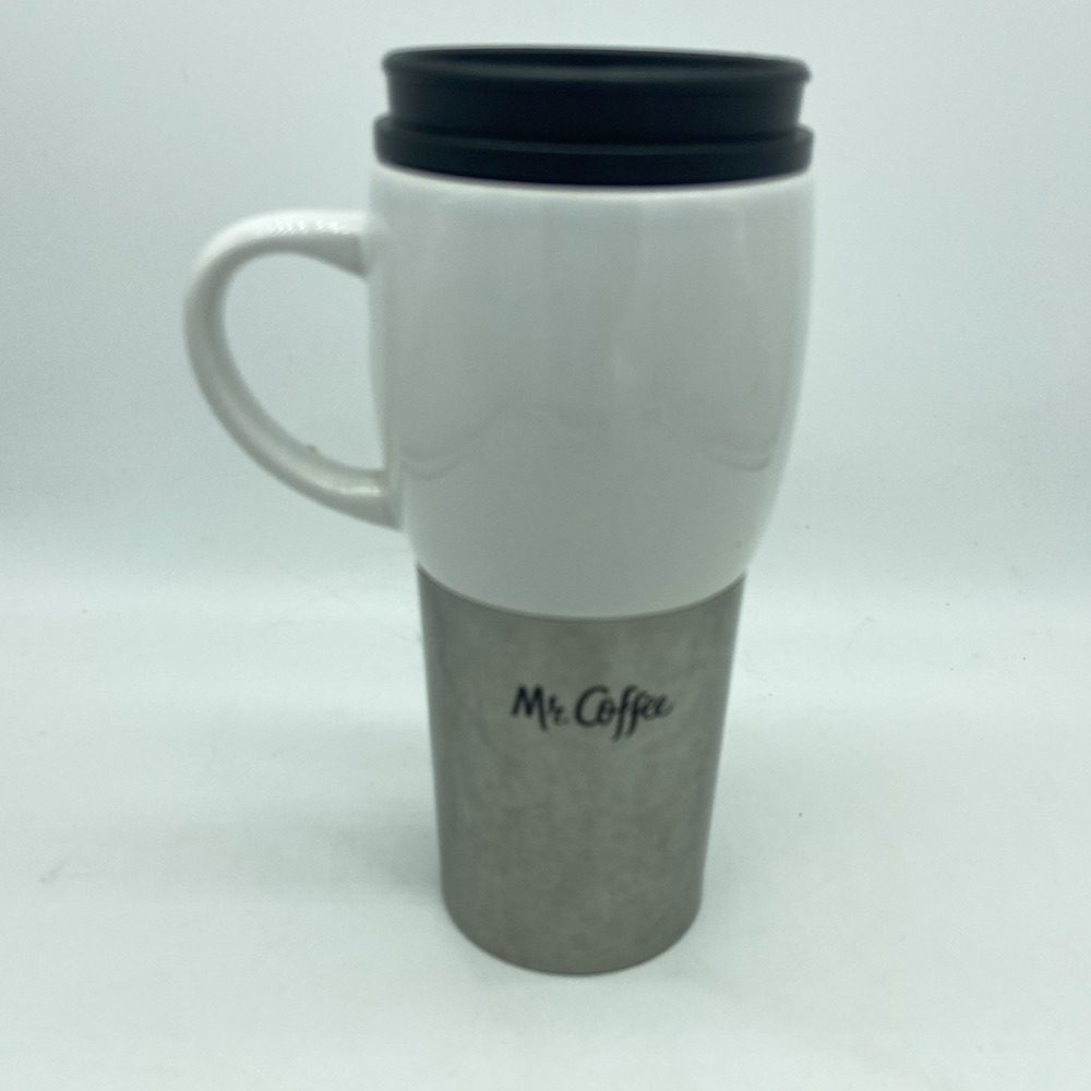 Mr. Coffee White Ceramic Stainless Steel Travel Mug Cup Insulated with Lid‎ 16oz